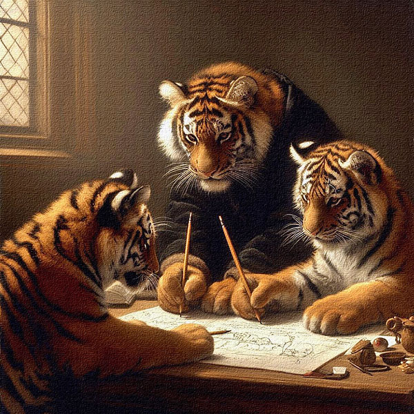 3 young tigers working out how to be superheroes