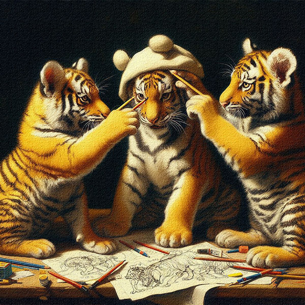 3 young tigers working out how to be superheroes