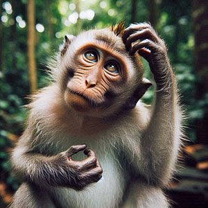 A mystified monkey scratching his head
